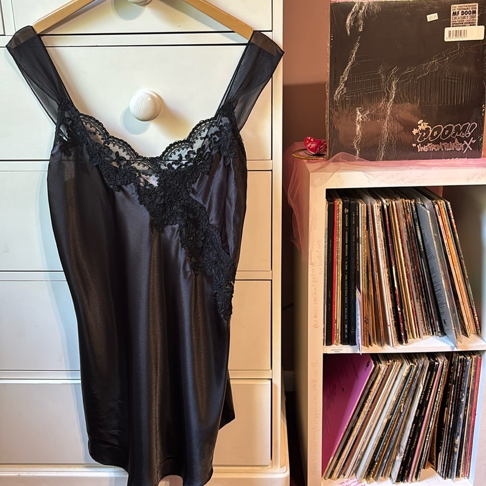 Vintage 80’s Embellished Black Lace Mini Slip Dress Goth Whimsical Fairy Medium